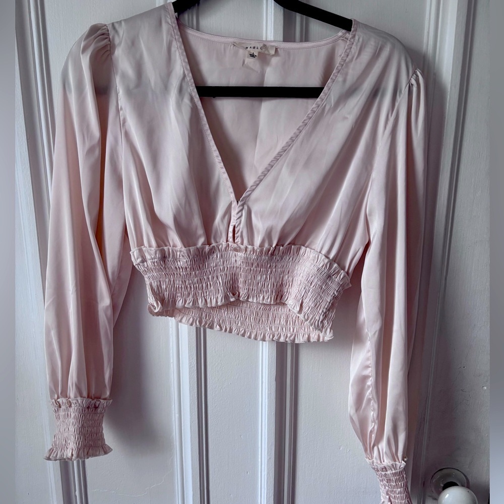 Women’s Mable Silky Shirred Waist Ling Juliet Sleeve V Neck Crop Top Large